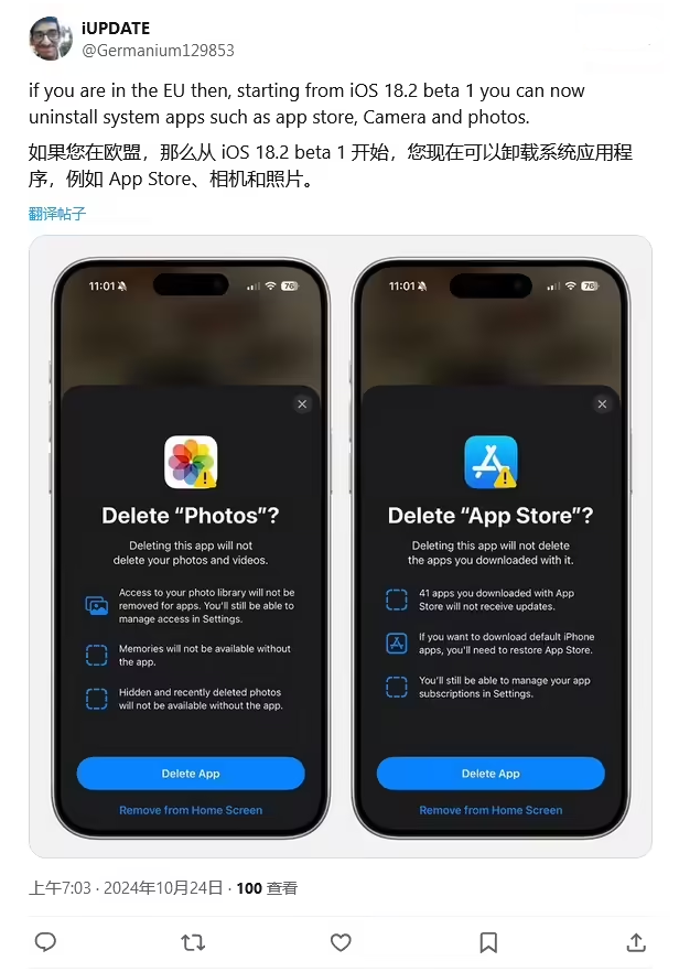 莎车苹果手机维修分享iOS 18.2 支持删除 App Store 应用商店 