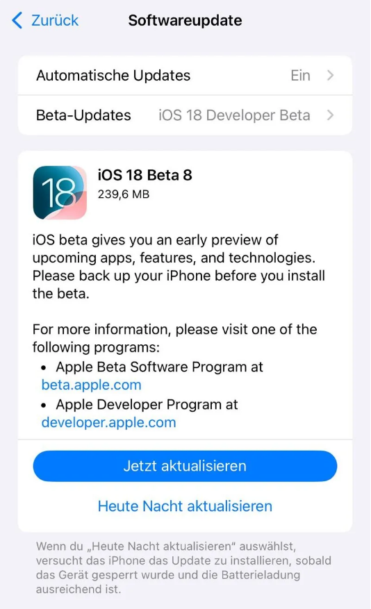 莎车苹果手机维修分享苹果 iOS / iPadOS 18 开发者预览版 Beta 8 发布 